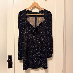 Reformation Star Galaxy Tie Front Mini Dress Long Sleeve Black Sweetheart Sz 0